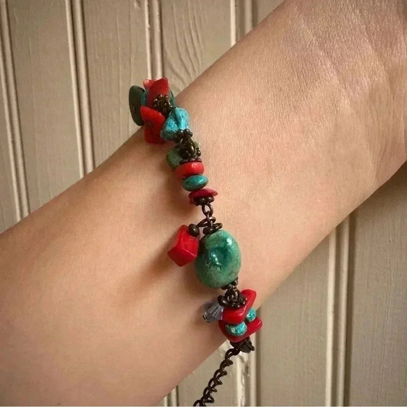 Southwestern boho coral and turquoise copper bracelet - Picture 2 of 5